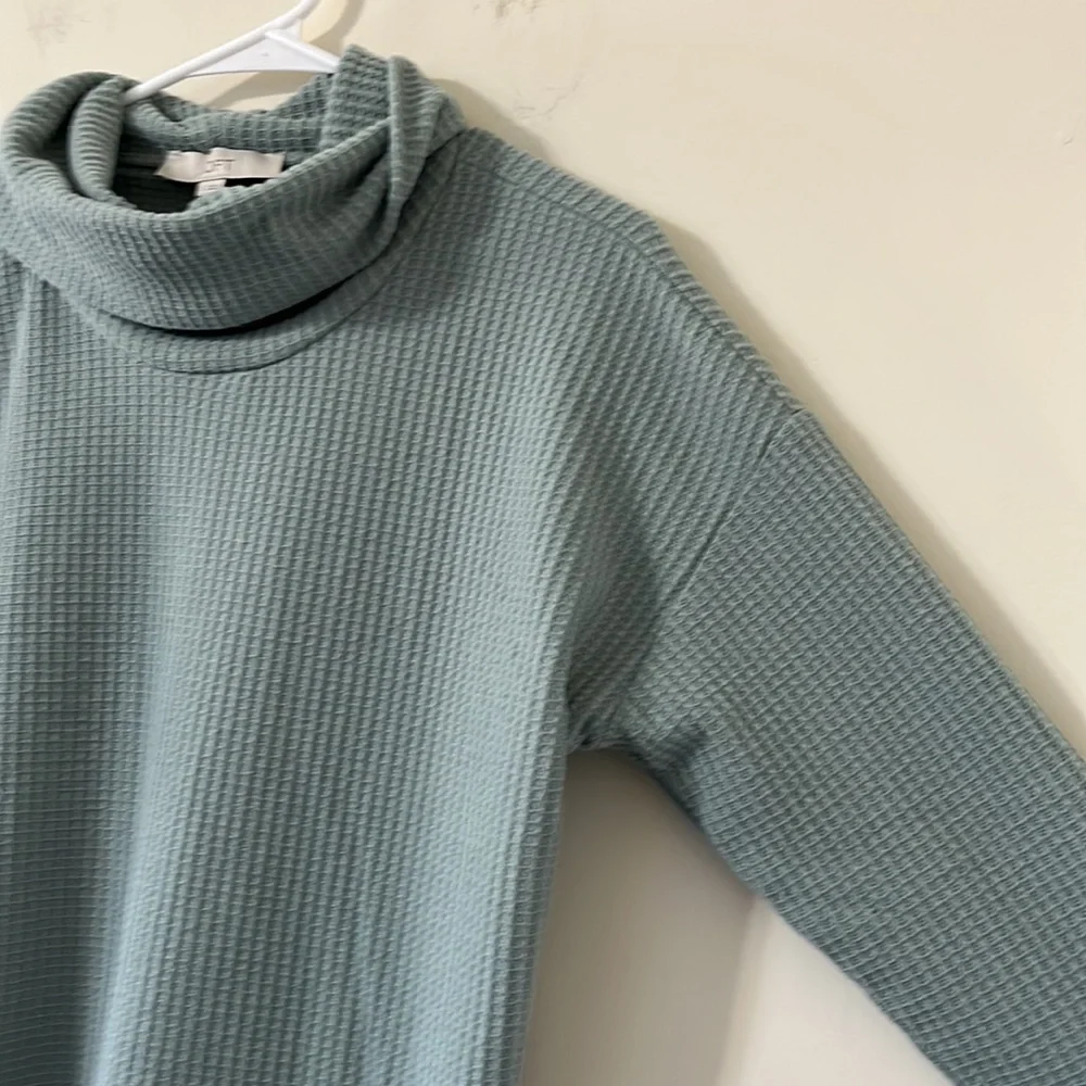 LOFT Waffle Knit Cowl Neck Blue Green Long Sleeve Sweater Size Small - Picture 3 of 7